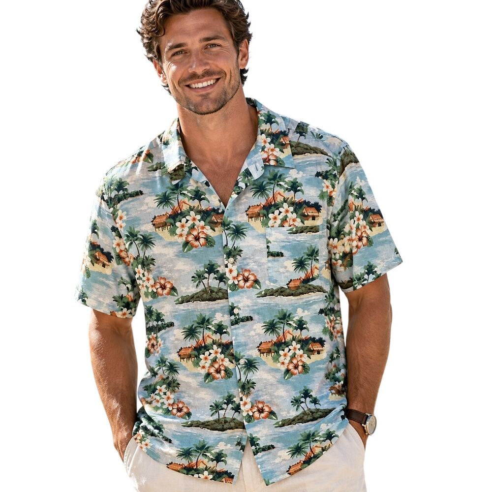 Chaps Linen Blend Hawaiian Camp Shirt Mens Large Blue Stratus Tropical Button